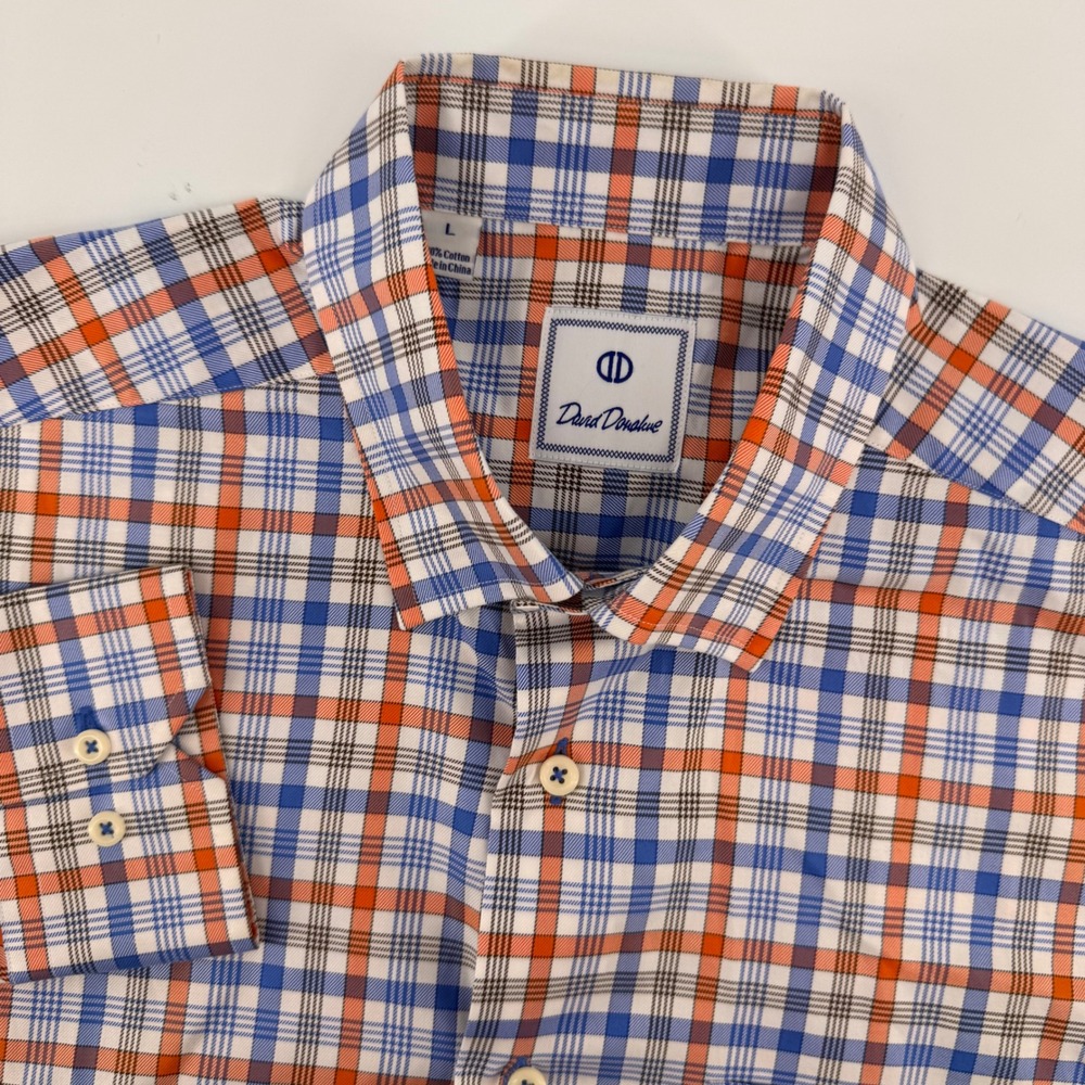 David Donahue‎ Button Up Shirt Mens Large Blue Orange Plaid Long Sleeve Cotton